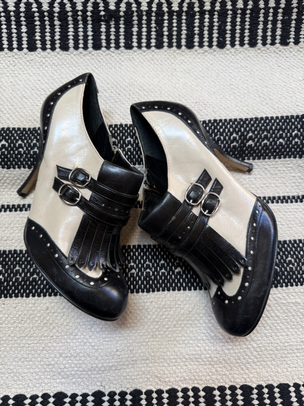 Enzo Angiolini Black and Cream Fringe Mary Jane Heels